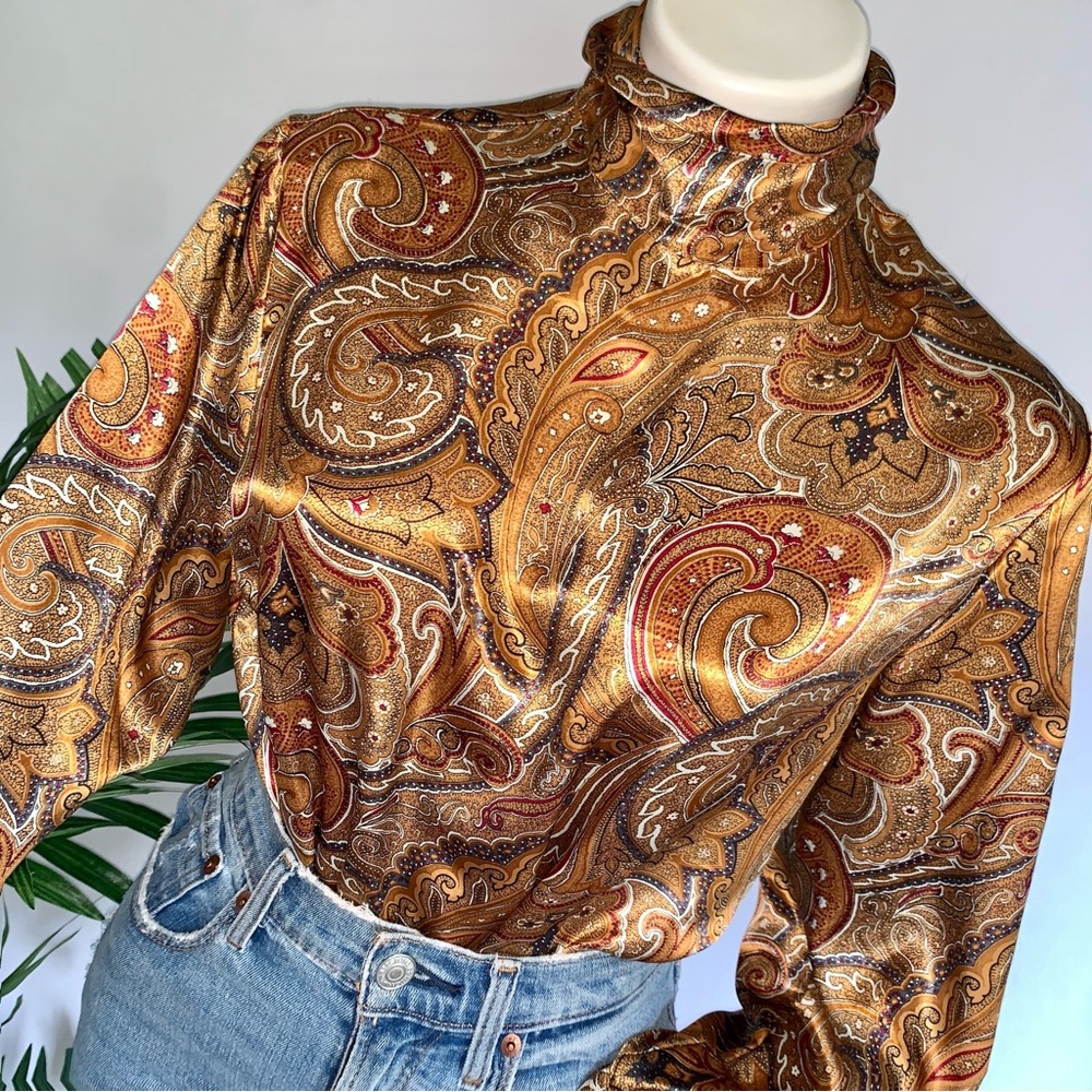 v i n t a g e :: Flowy High Neck Paisley Satin Blouse